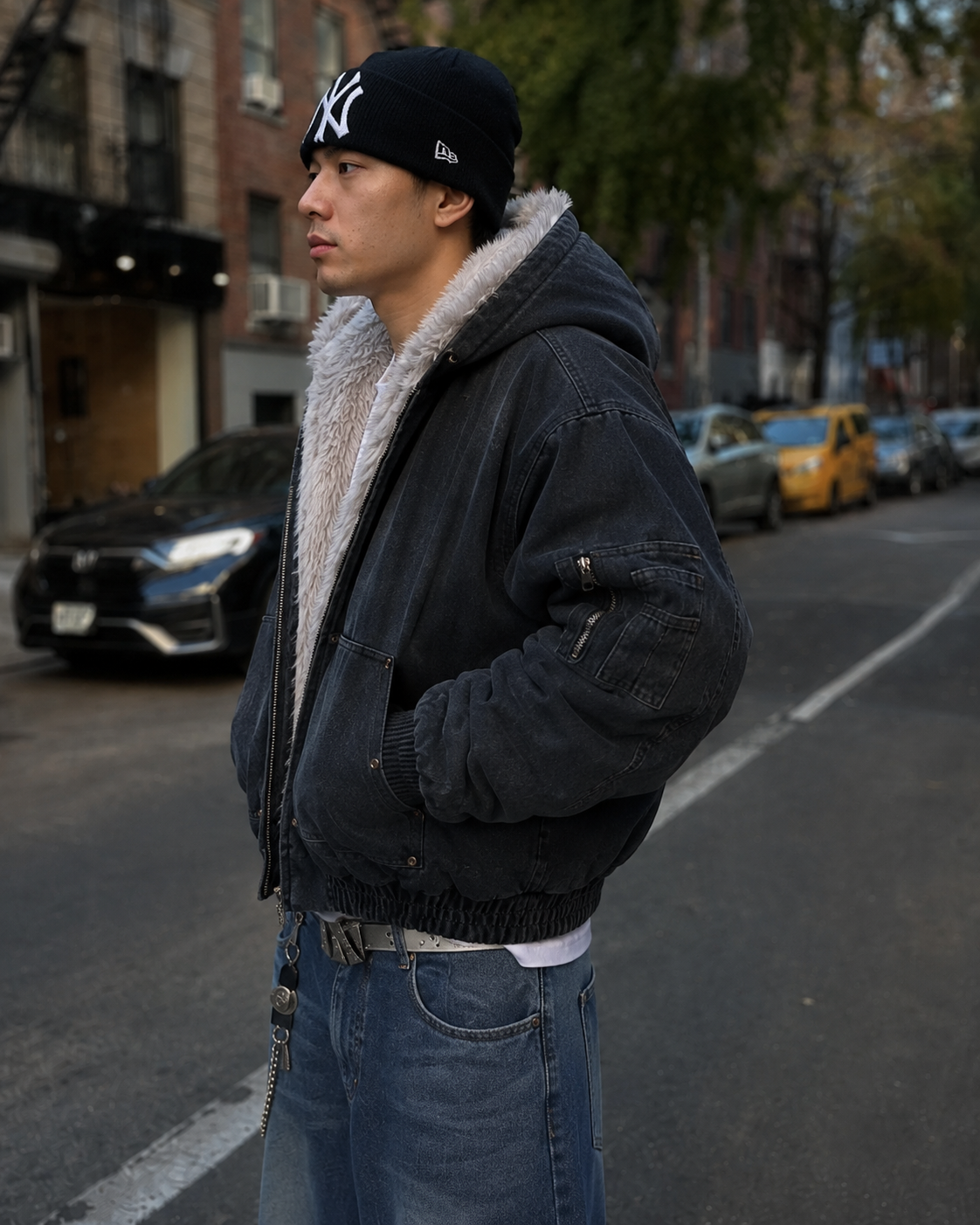 Black Fur-Lined Jacket side view with hood and utility pocket