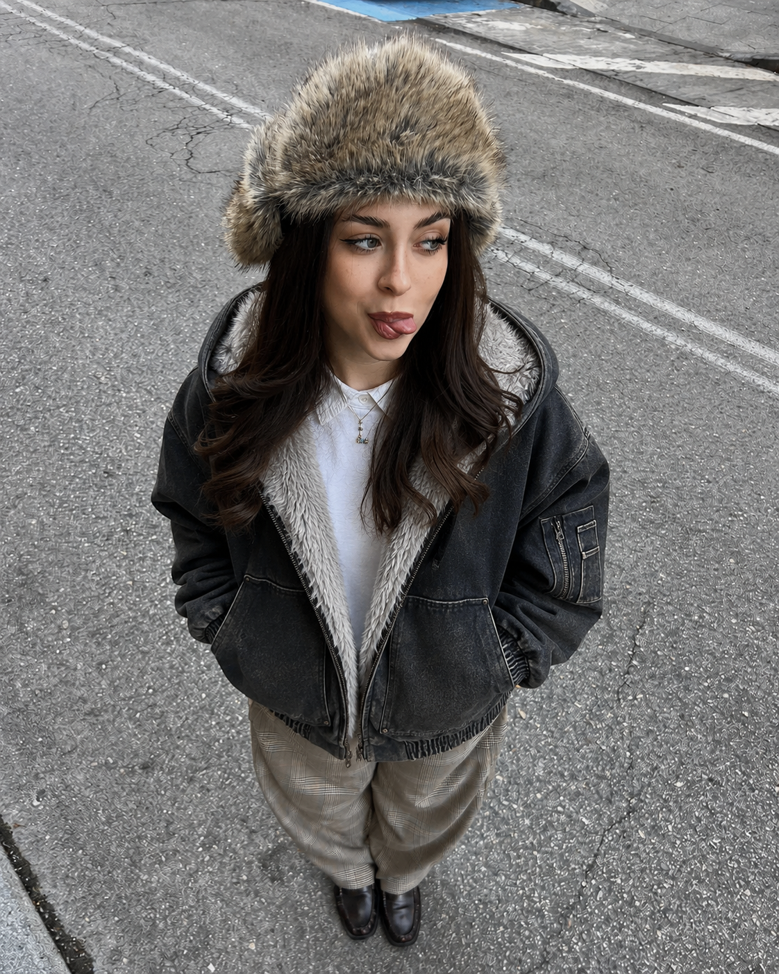 Black Fur-Lined Jacket worn by a woman in a streetwear outfit