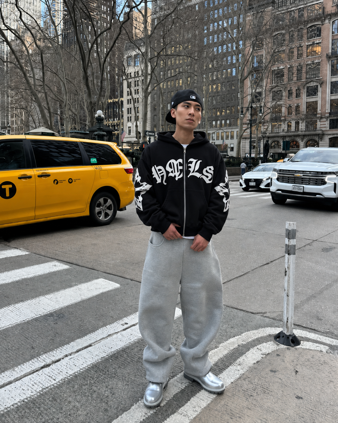 Black gothic lettering hoodie worn Y2K streetwear