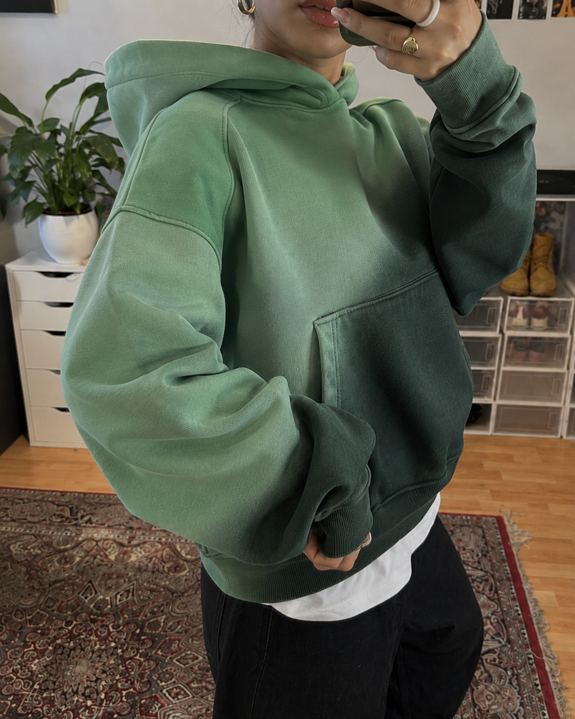 Green gradient hoodie oversized pocket fabric detail