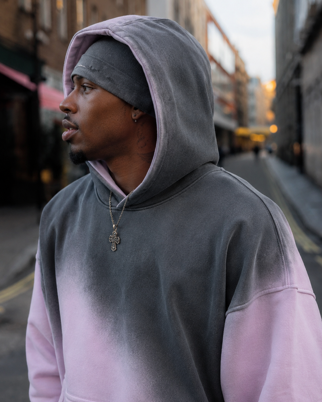 Pink black gradient hoodie Y2K hood close view