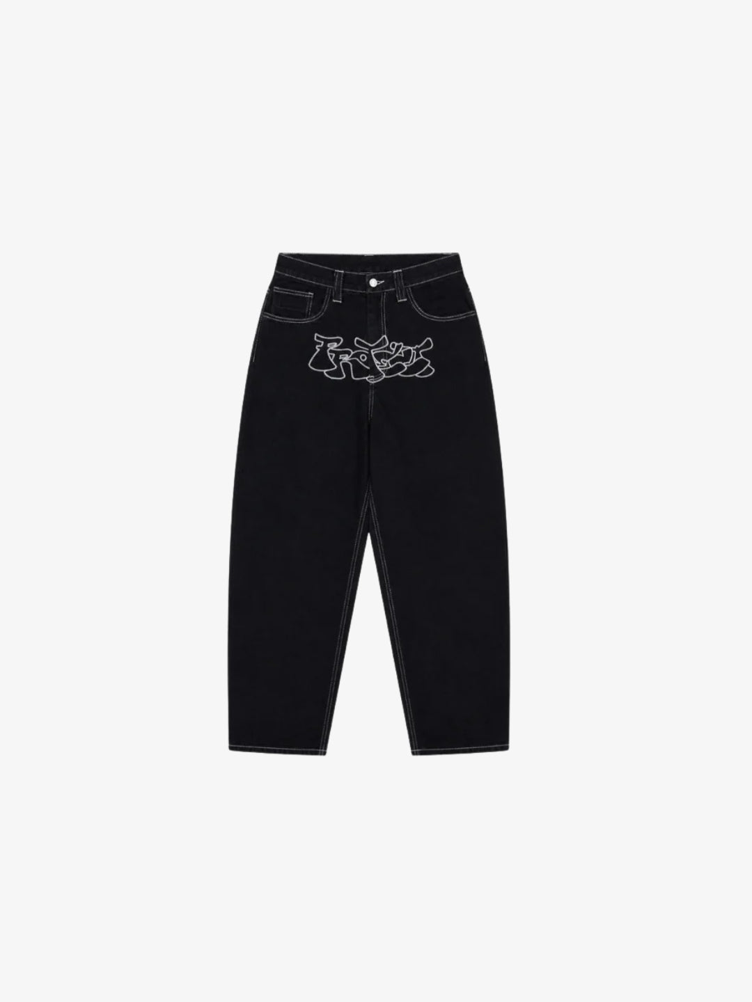 Black Y2K graffiti baggy jeans front view