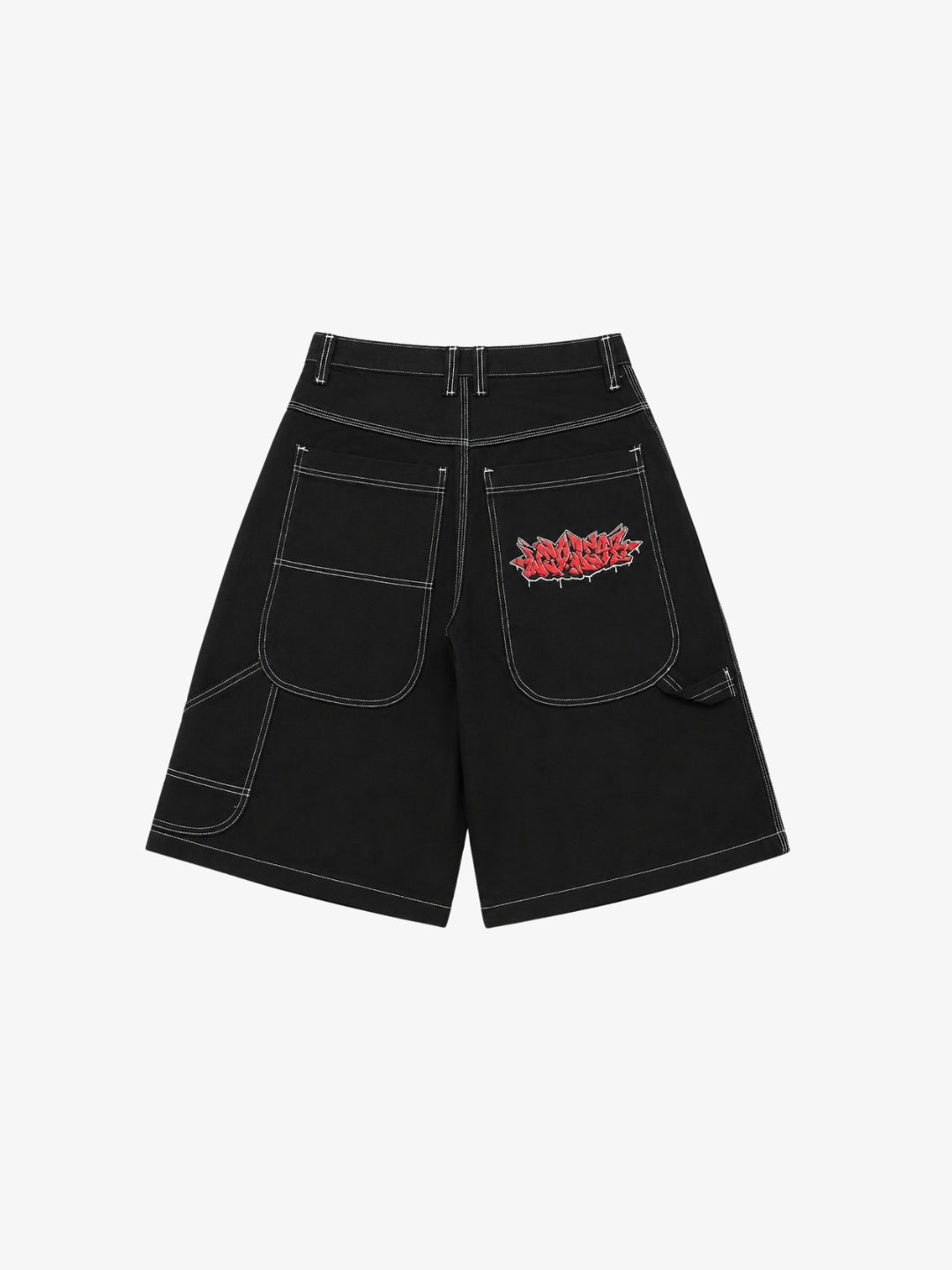 Graffiti Jorts back view with red tag embroidery and large carpenter patch pockets