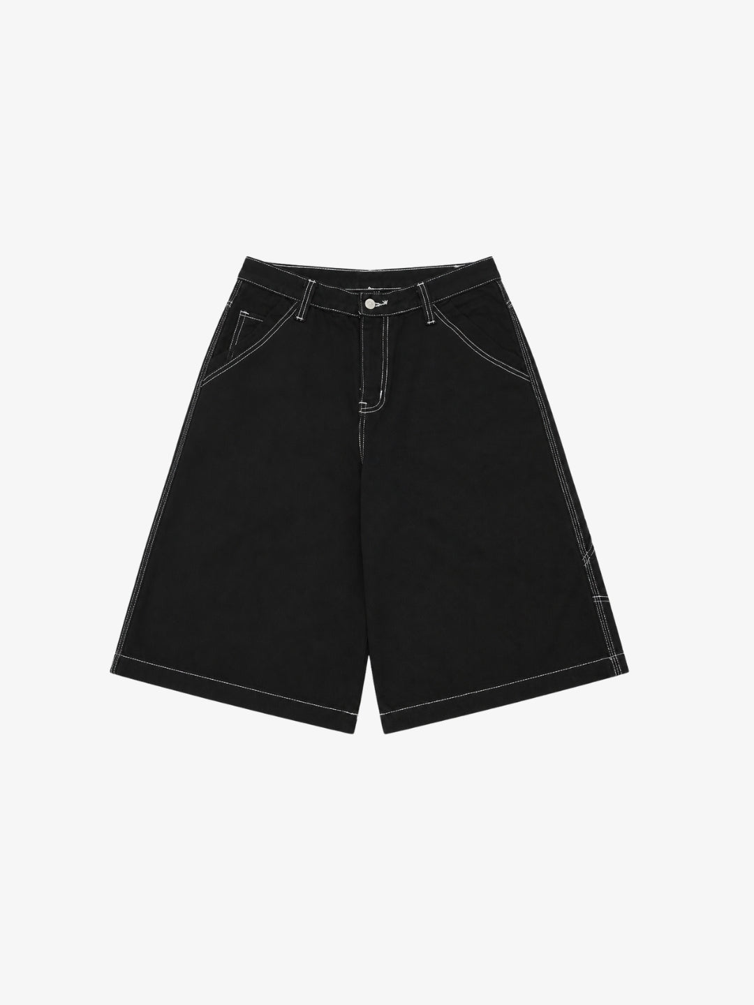 Graffiti Jorts front view in black denim with white contrast stitching