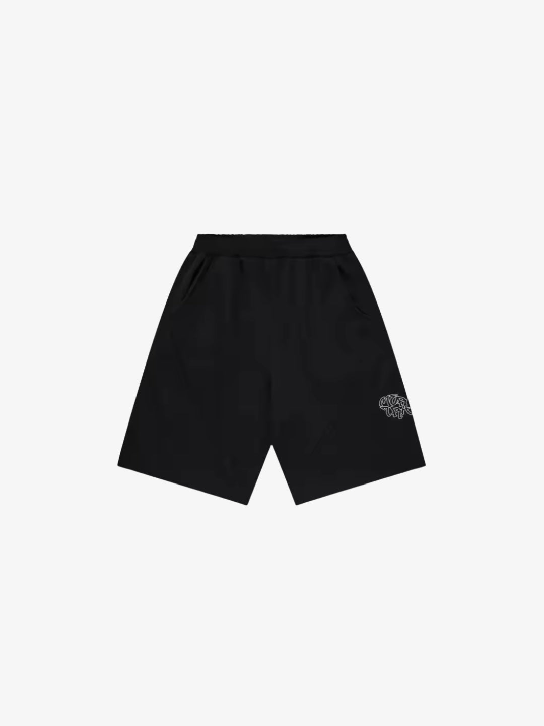Black graffiti shorts front view