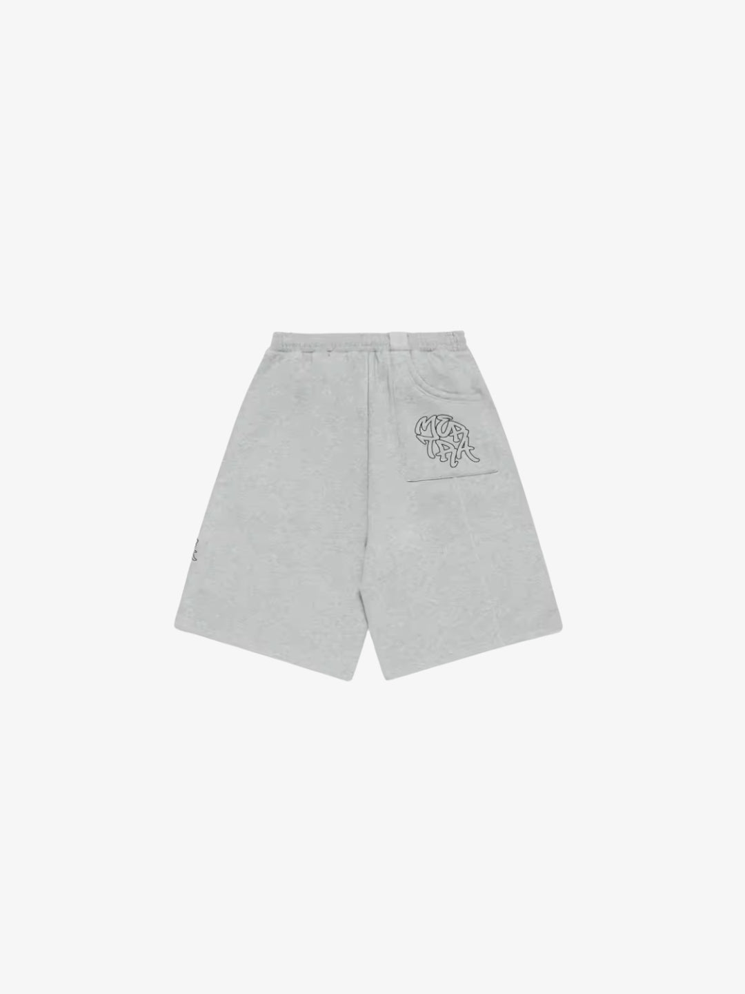 Grey graffiti shorts back view with graffiti logo on back pocket
