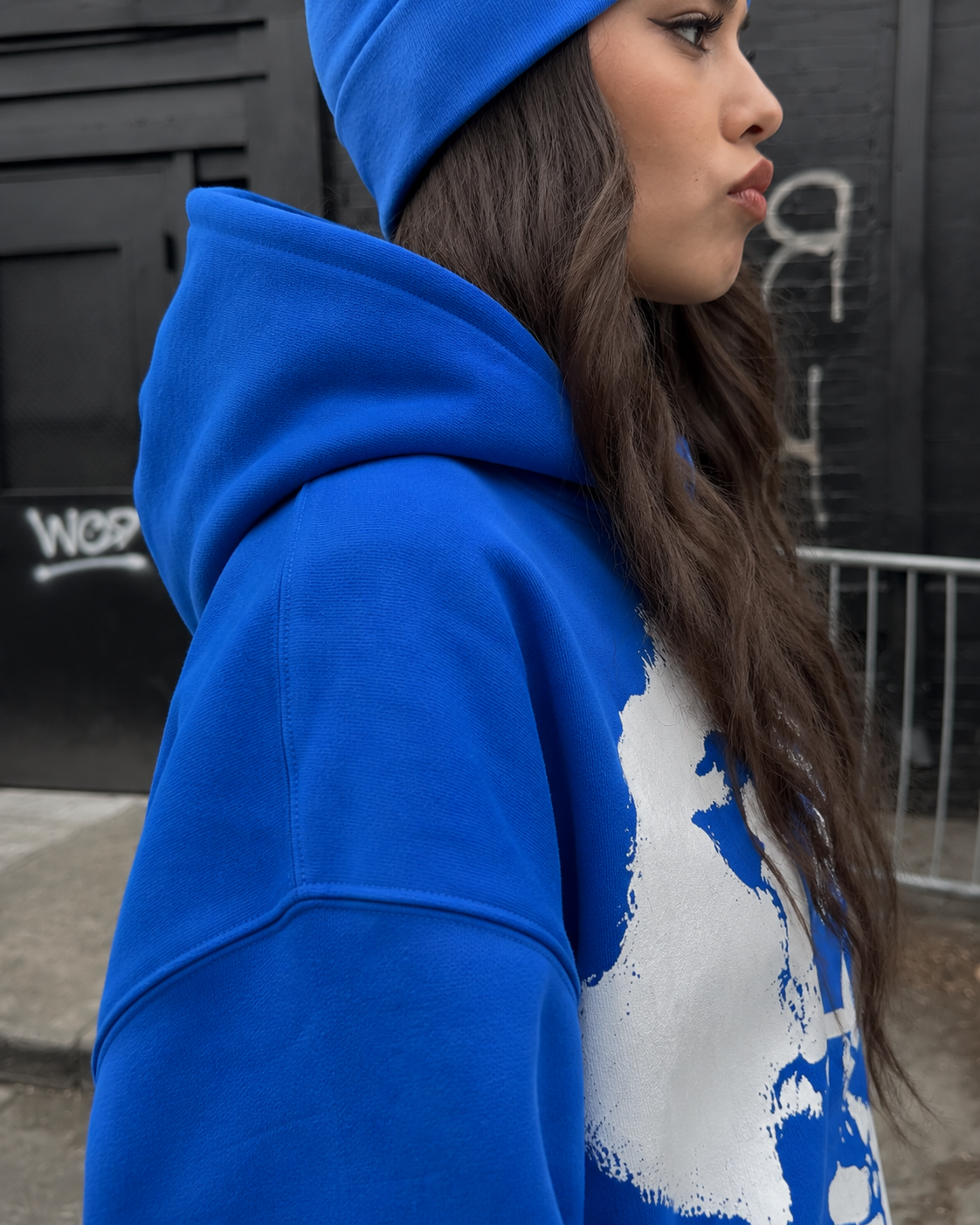 Blue graphic hoodie hood detail