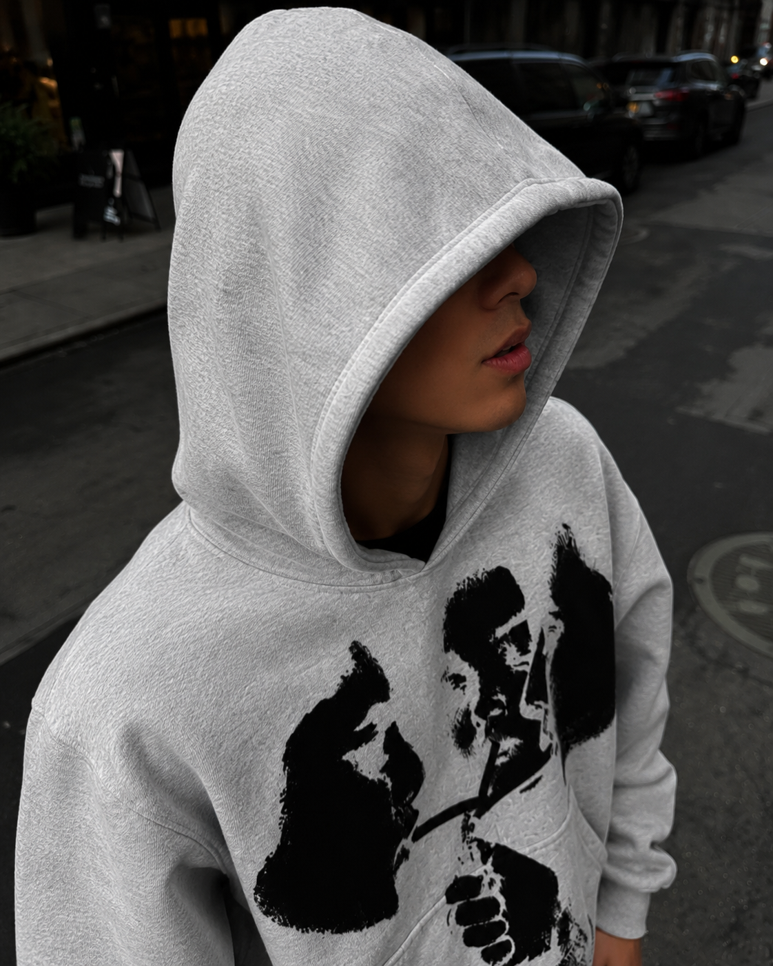 Grey graphic hoodie hood detail