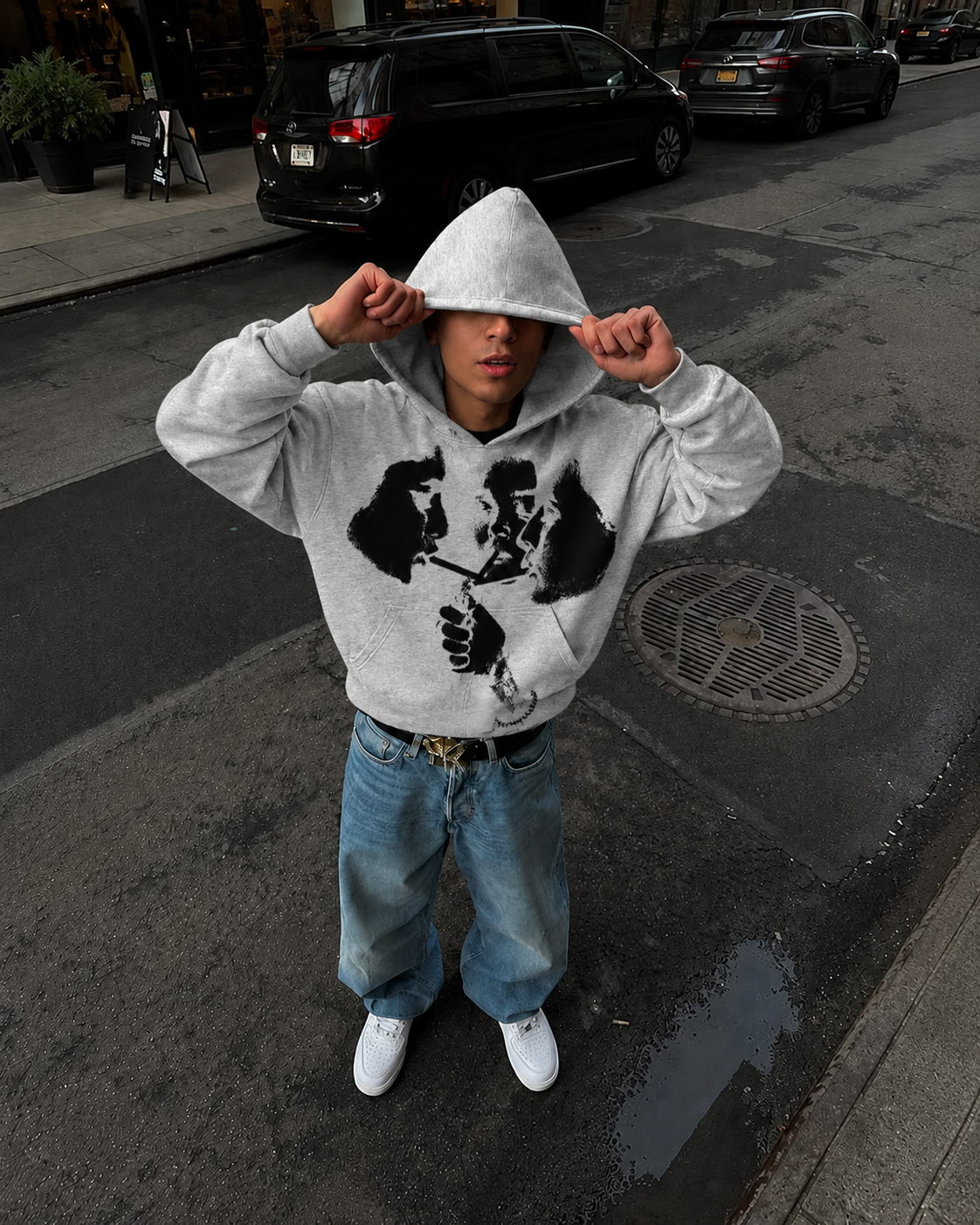 Grey graphic hoodie worn Y2K streetwear
