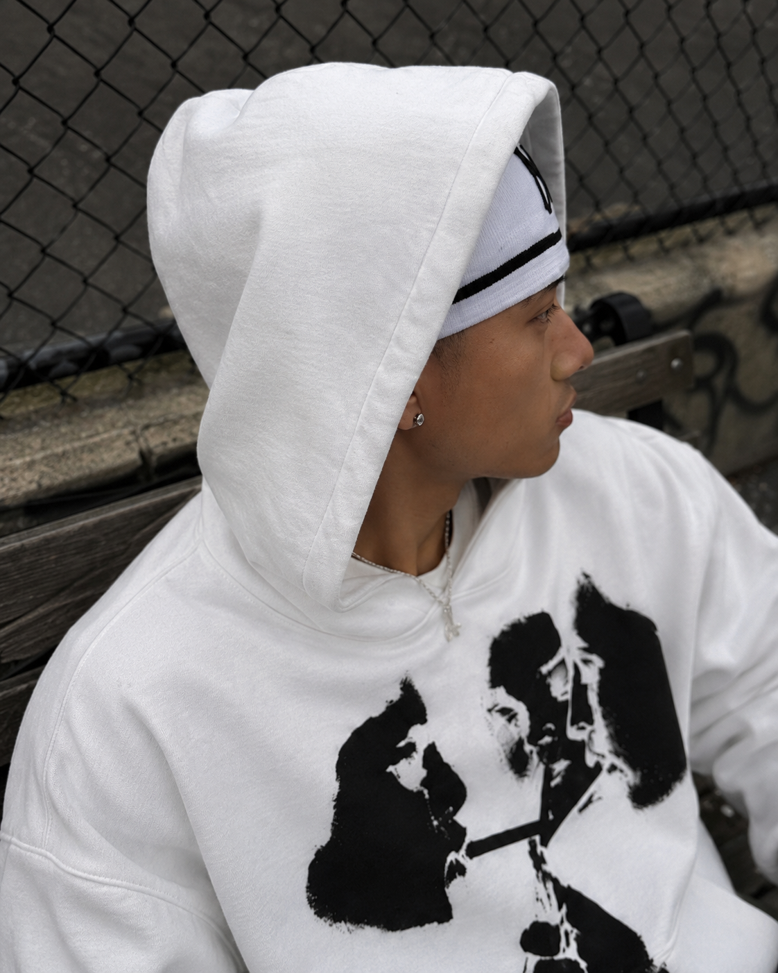White graphic hoodie hood detail