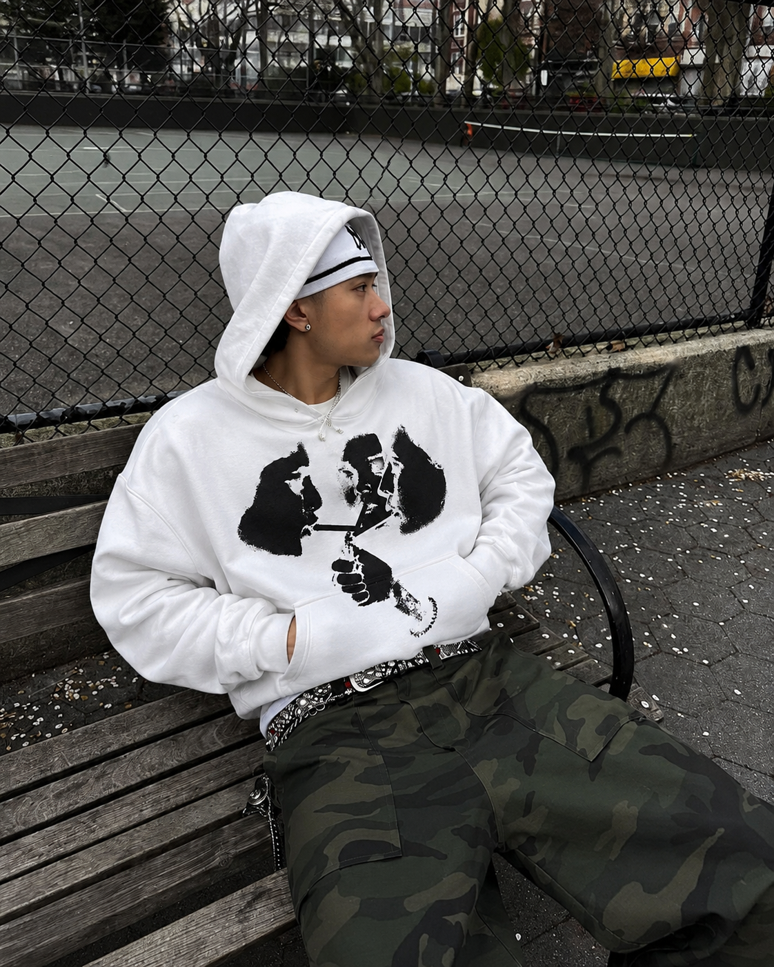 White graphic hoodie worn Y2K streetwear