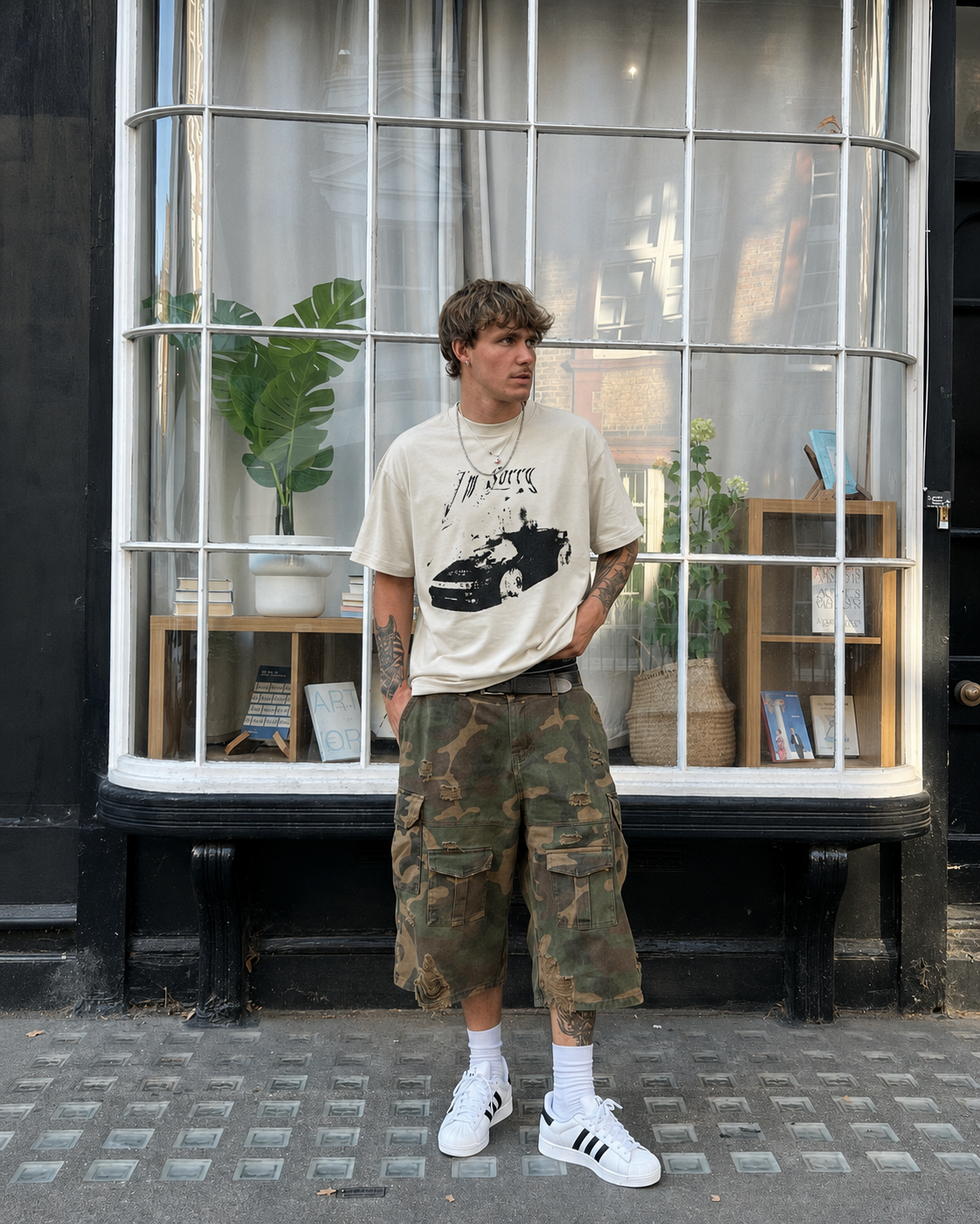 T-shirt Im Sorry Y2K écru homme porté style streetwear