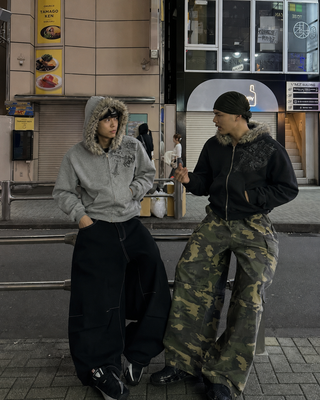 Grey and black faux fur zip up hoodies worn Y2K streetwear