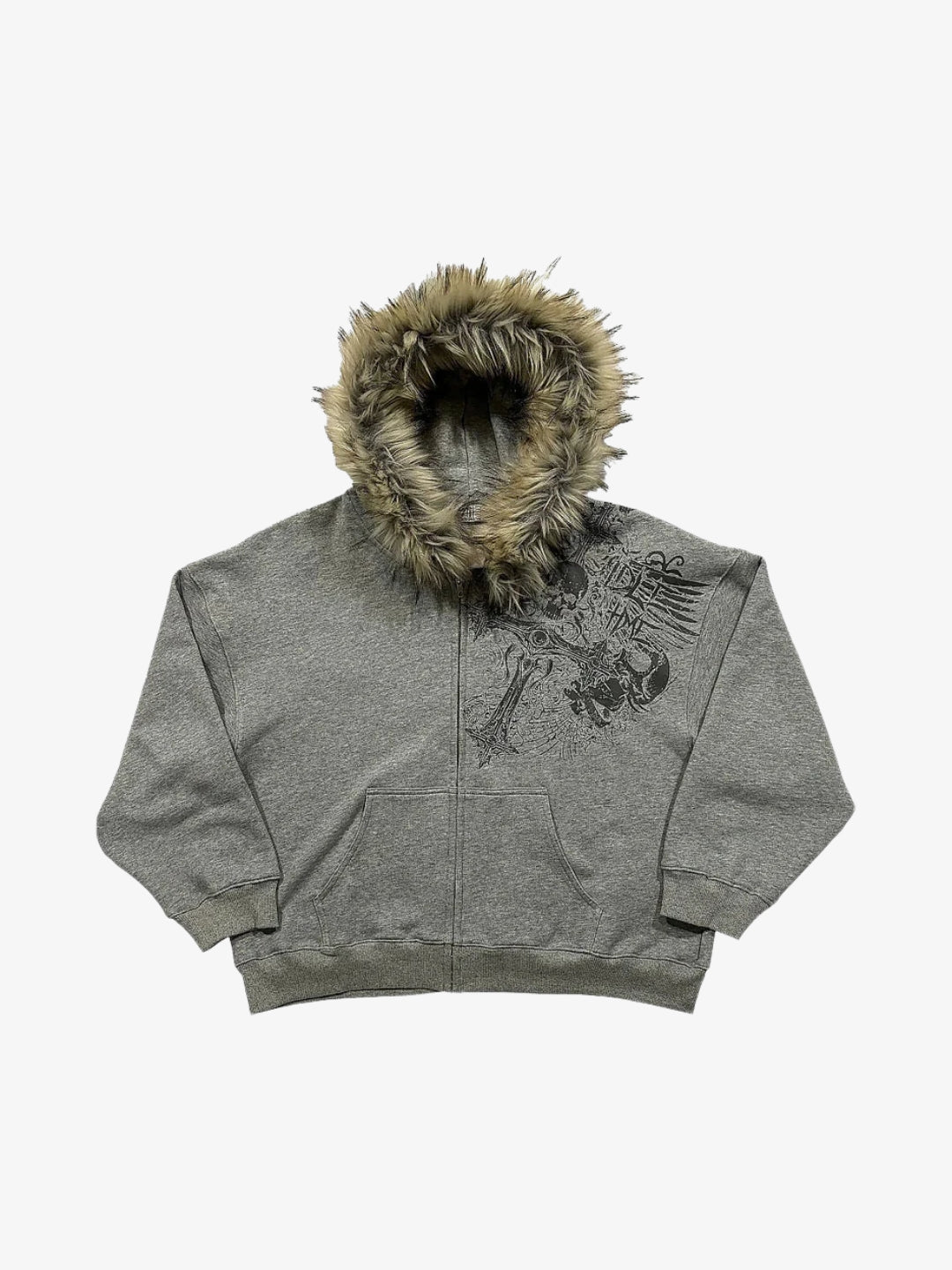 Grey faux fur grunge zip up hoodie Y2K front view