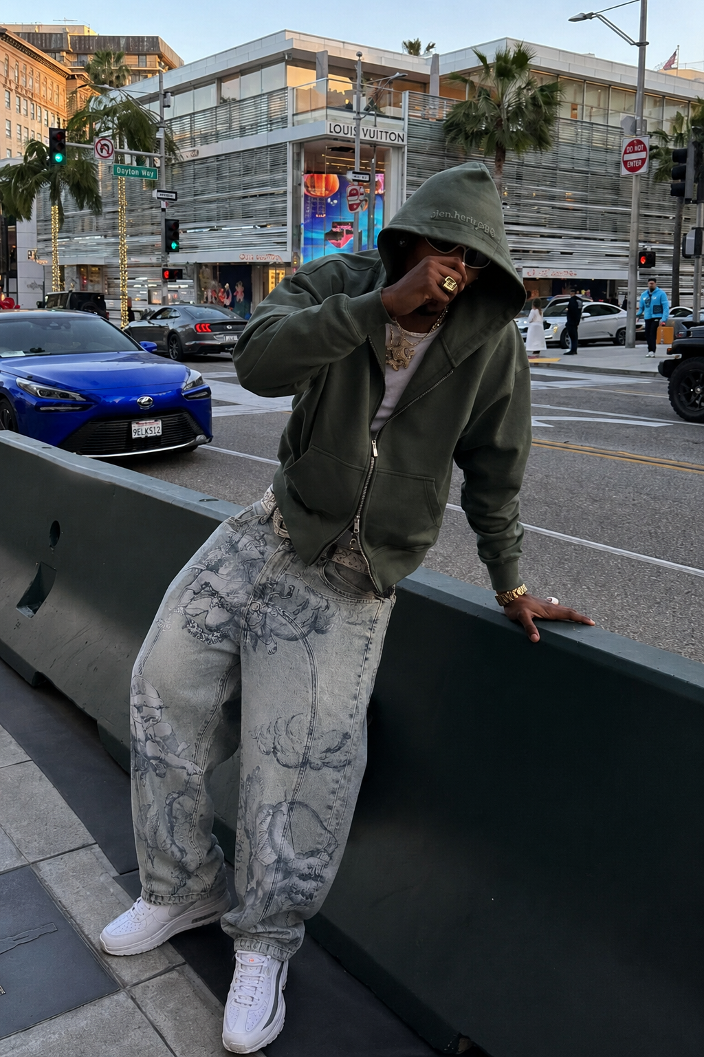 Jean Ange blue angel print baggy jeans in streetwear outfit