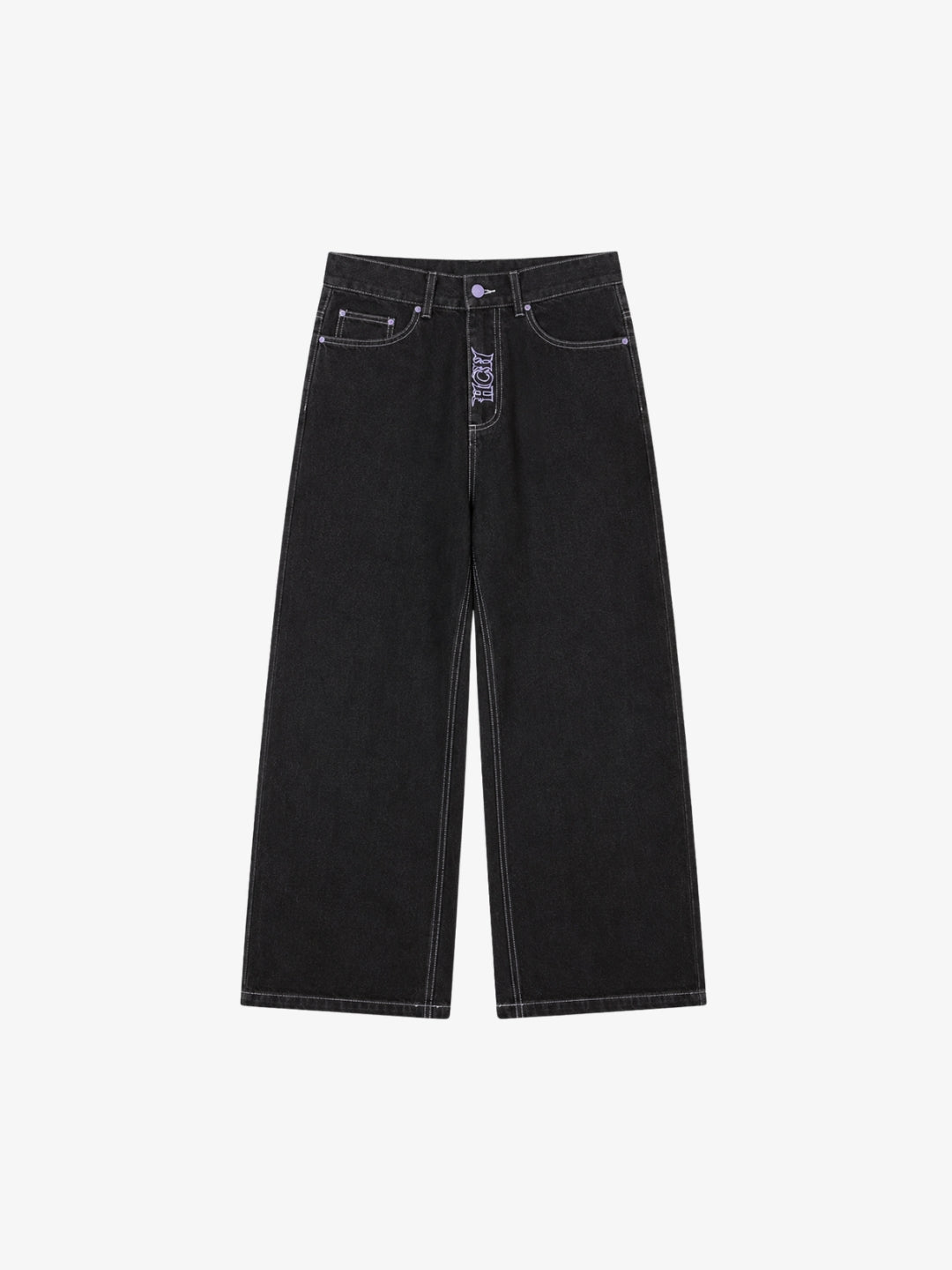 Black embroidered jeans with purple stitching, front view
