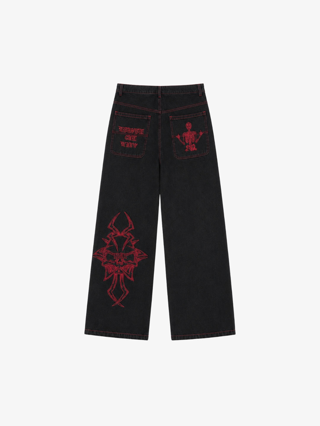 Black embroidered jeans with red stitching, back view