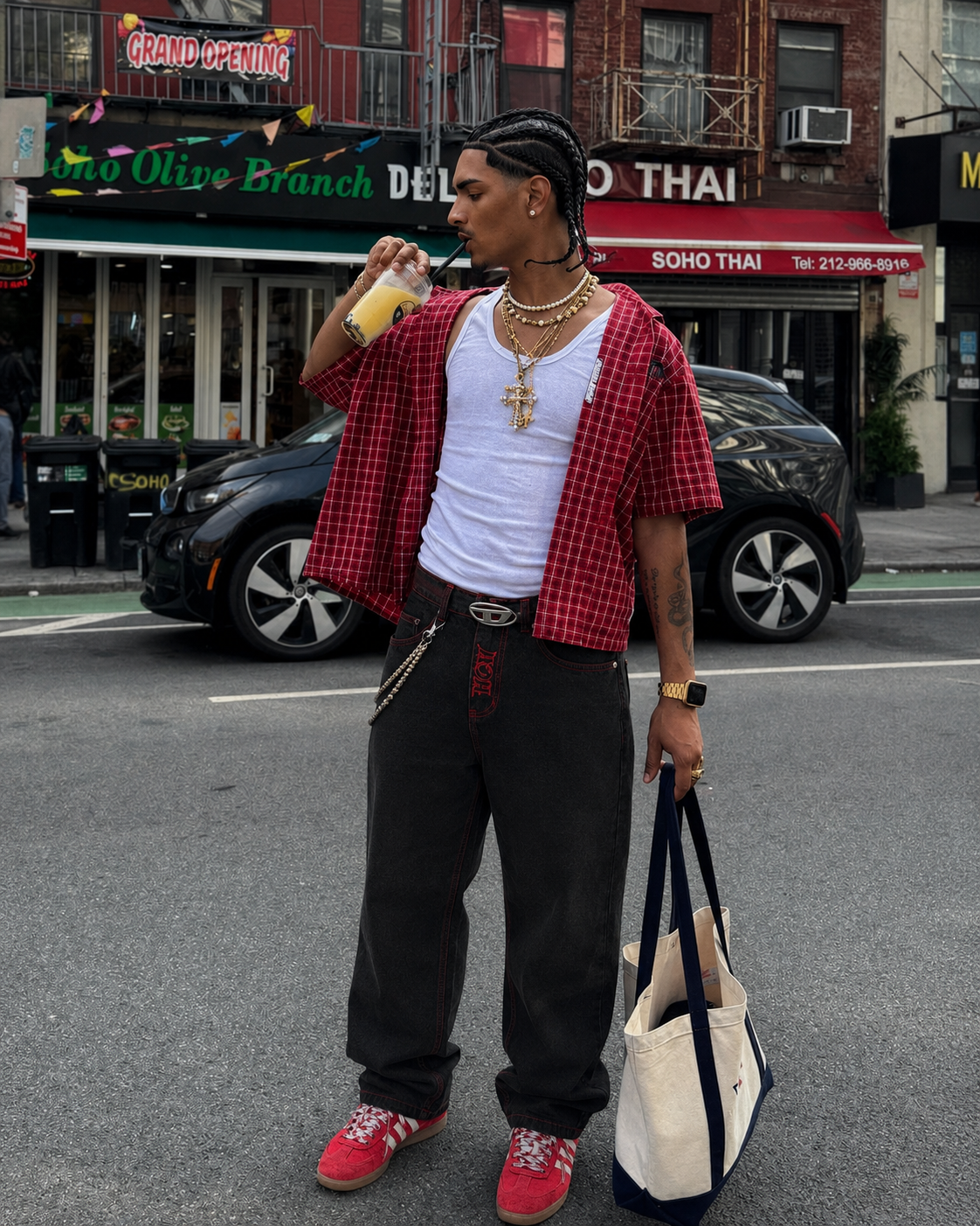 Black embroidered jeans with red stitching, streetwear fit