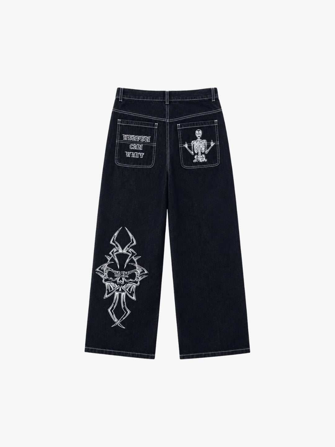 Black embroidered jeans with white stitching, back view