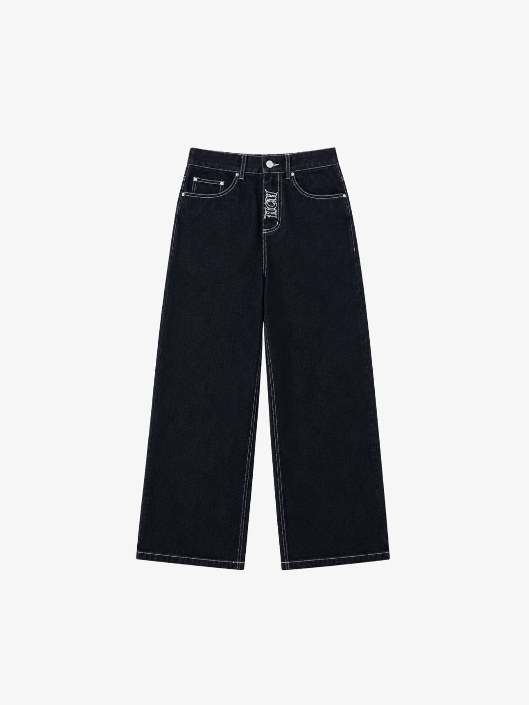 Black embroidered jeans with white stitching, front view