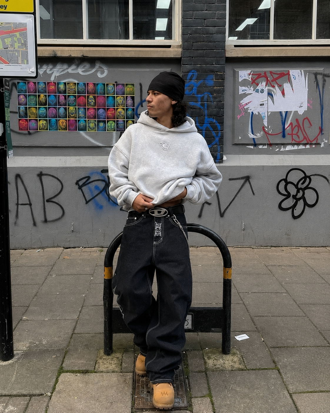 Black embroidered jeans with white stitching, streetwear fit