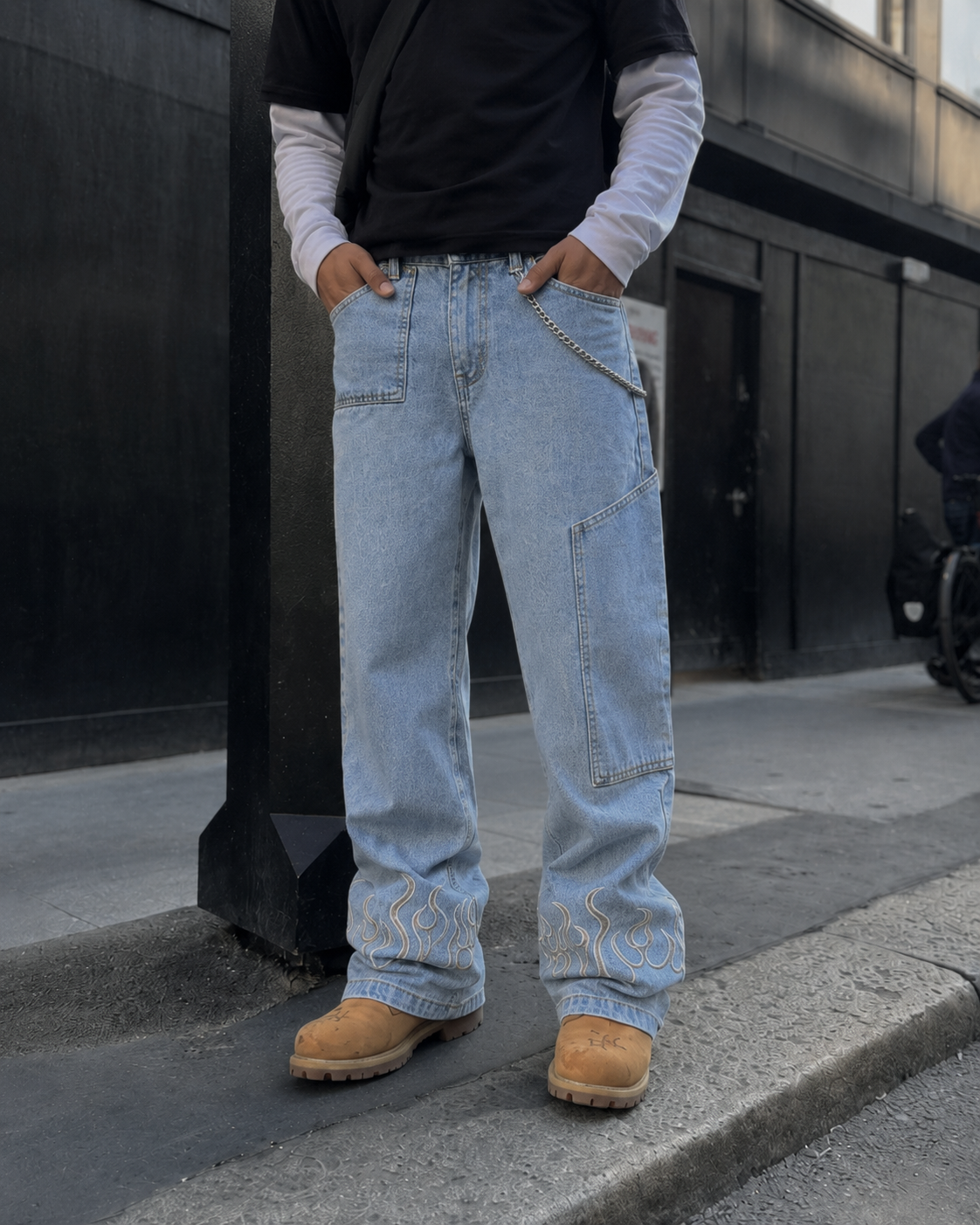 Blue flame jeans angled pocket and flame detail