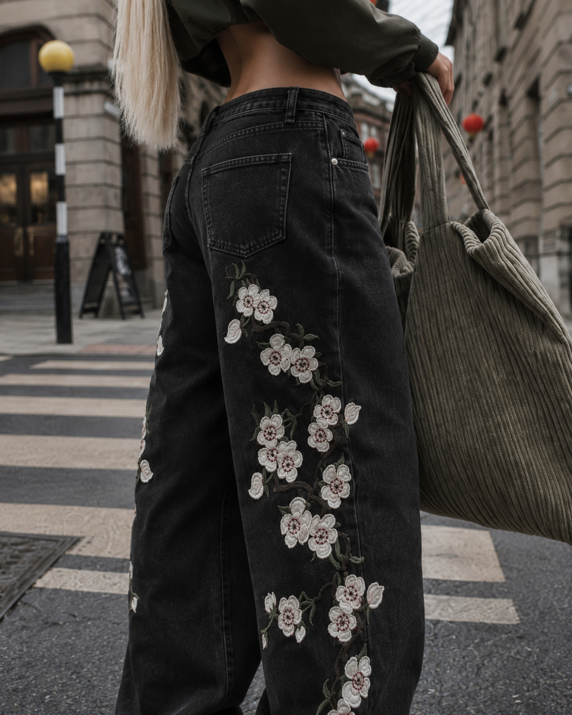 Black flower jeans cherry blossom embroidery detail