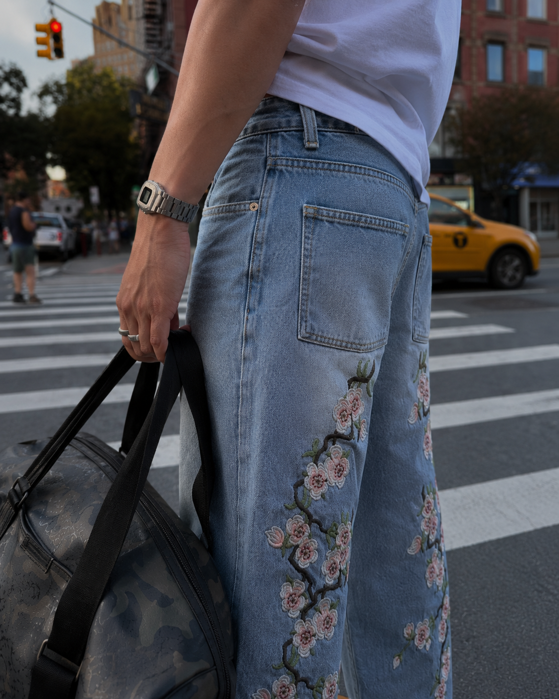 Blue flower jeans cherry blossom embroidery detail