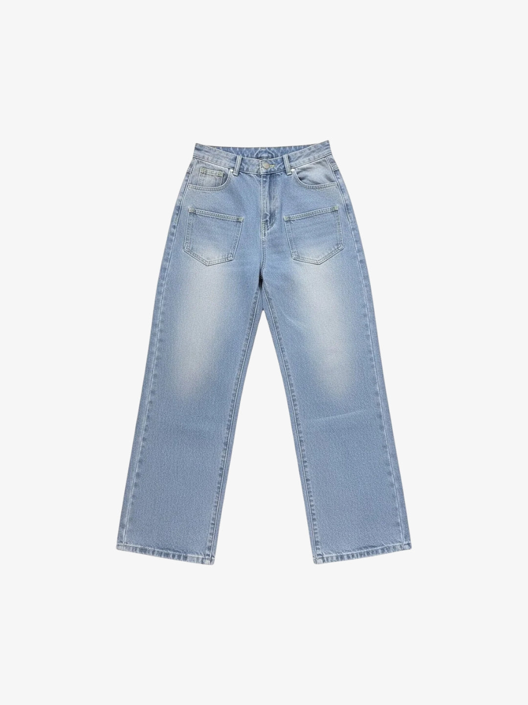 Blue Y2K flower jeans front view patch pockets