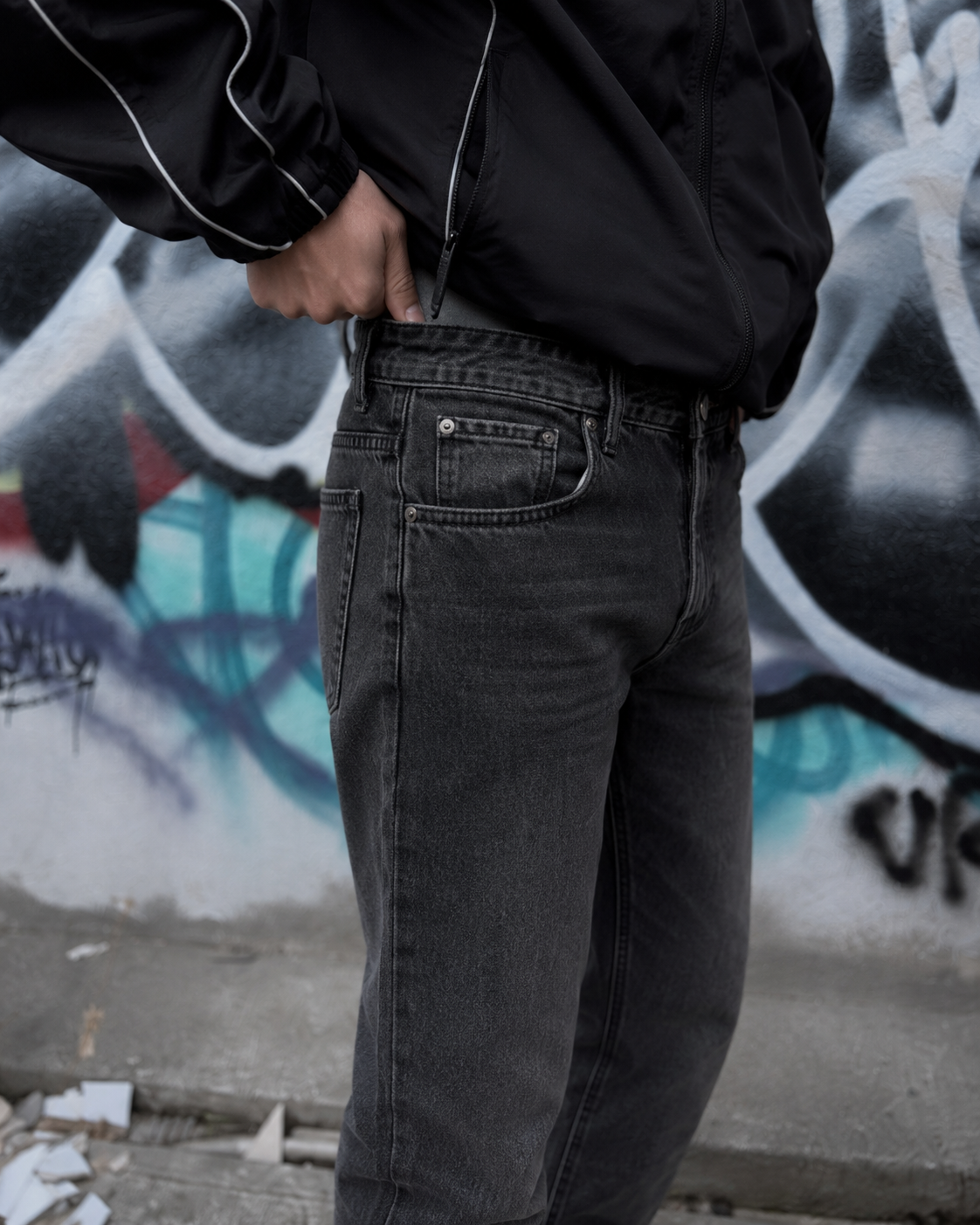 Charcoal flare jeans waist and front pocket detail