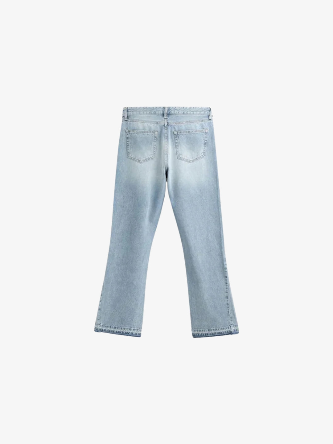 Light blue washed flare jeans flat back view