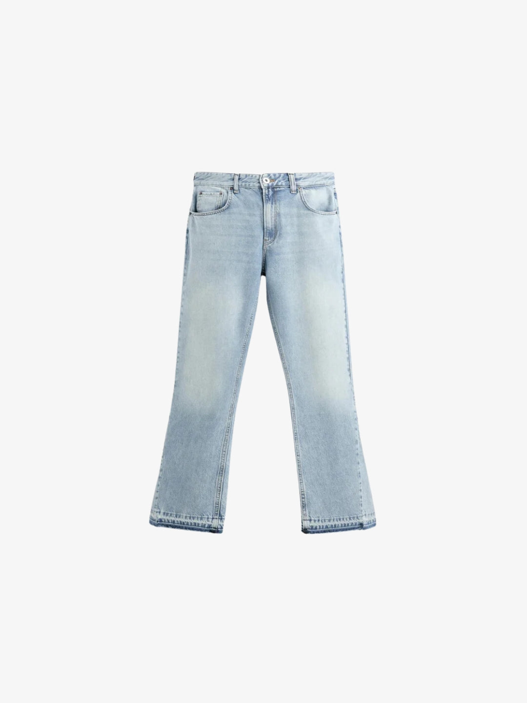 Light blue washed flare jeans flat front view
