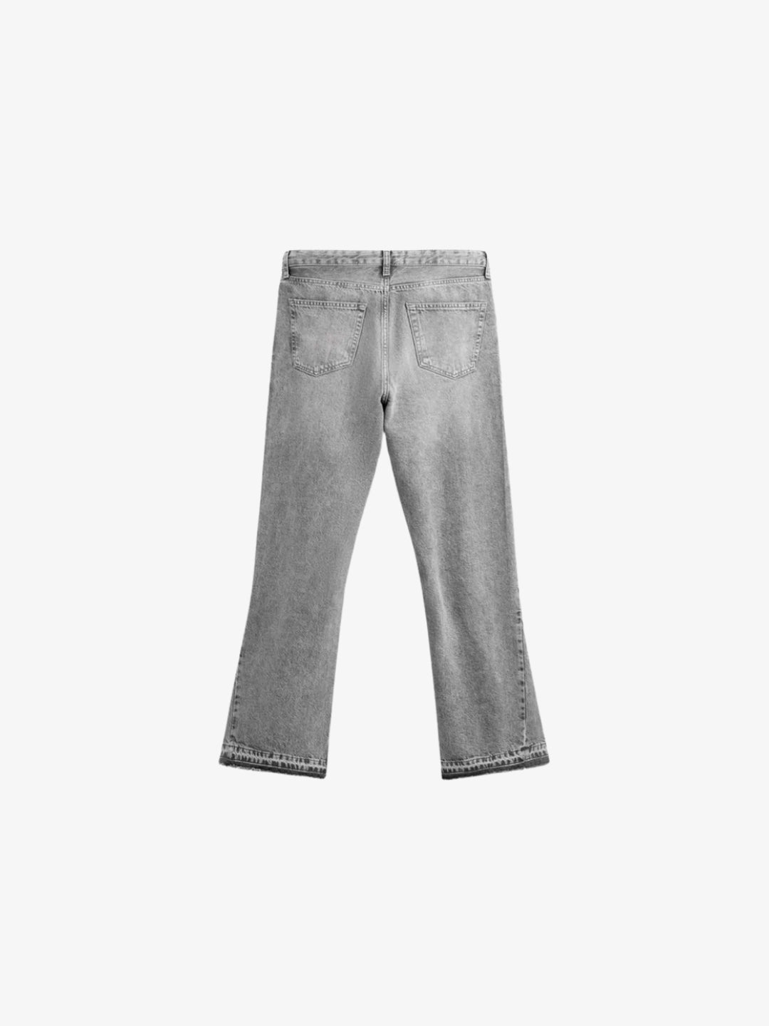 Light grey washed flare jeans flat back view