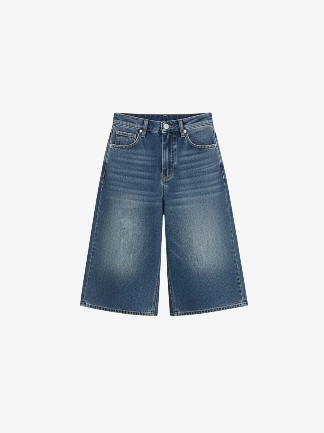 Baggy jorts in washed blue denim front view