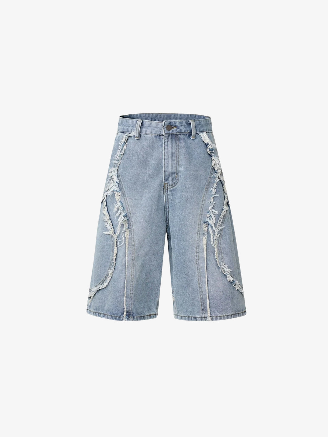 Light blue frayed jorts front view