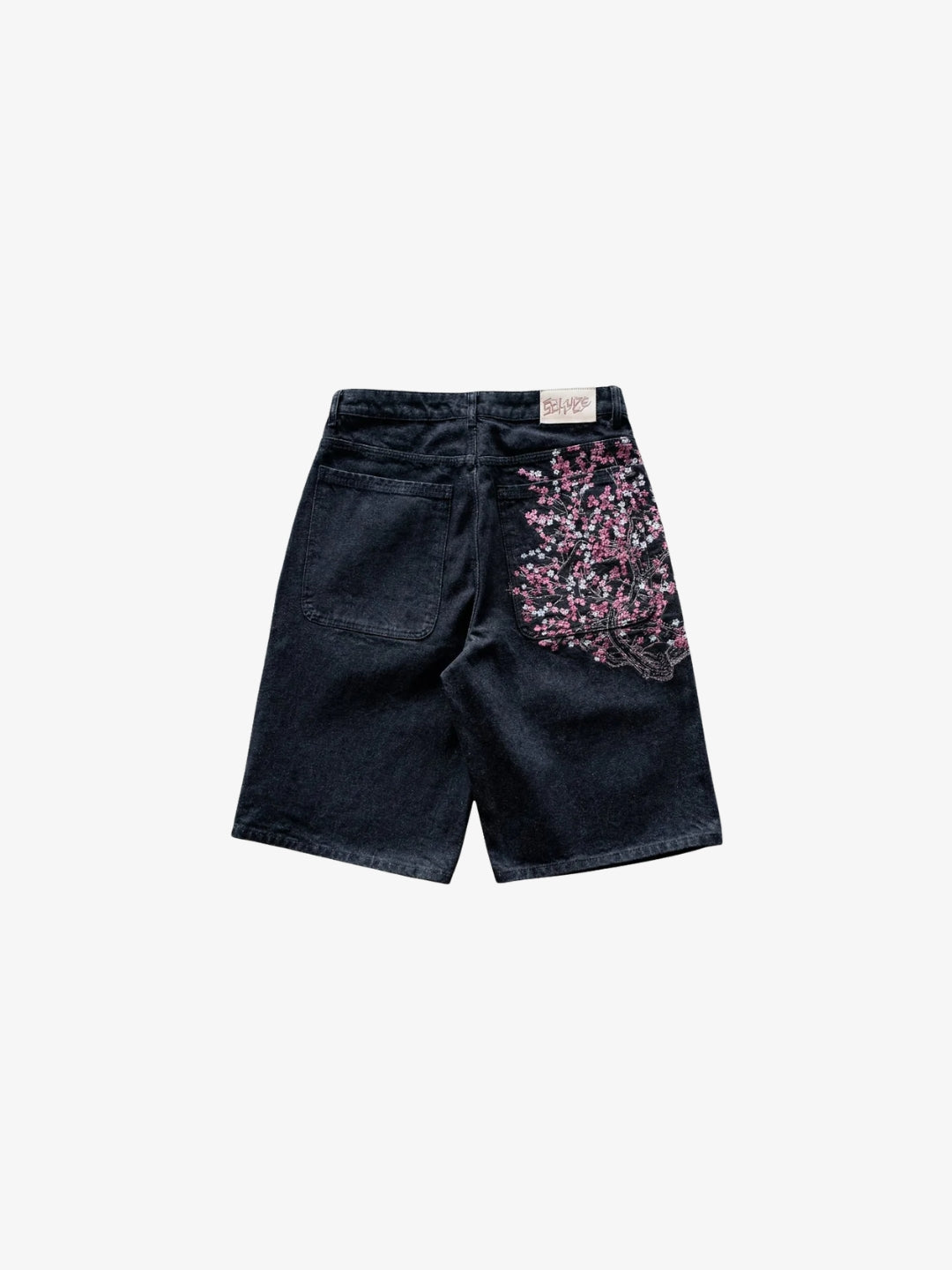 Jorts sakura noir en denim vue de dos avec broderie fleurie sur la poche