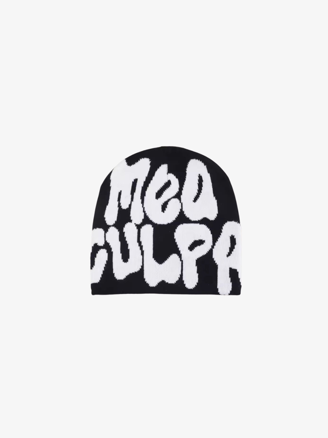 Mea Culpa black and white Y2K beanie front view