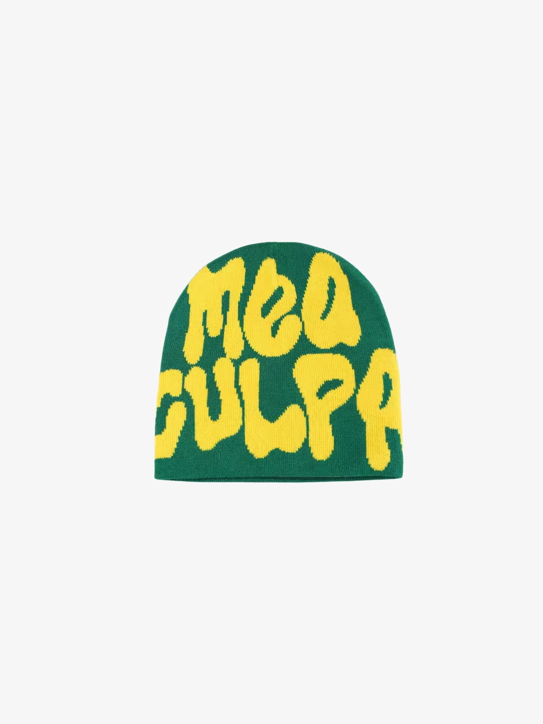 Mea Culpa green yellow Y2K beanie front view