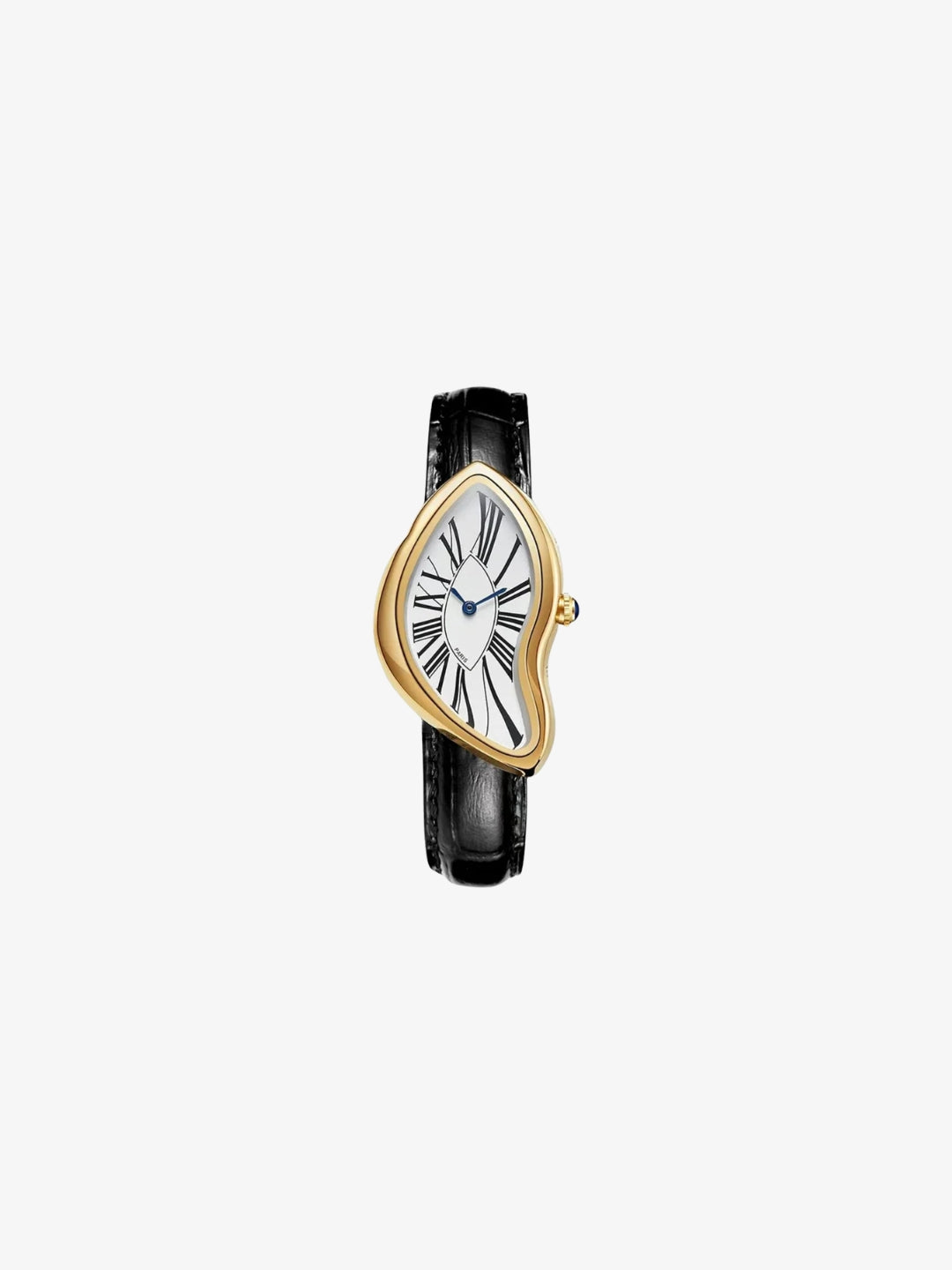 Gold Melting watch with distorted dial and black strap front view