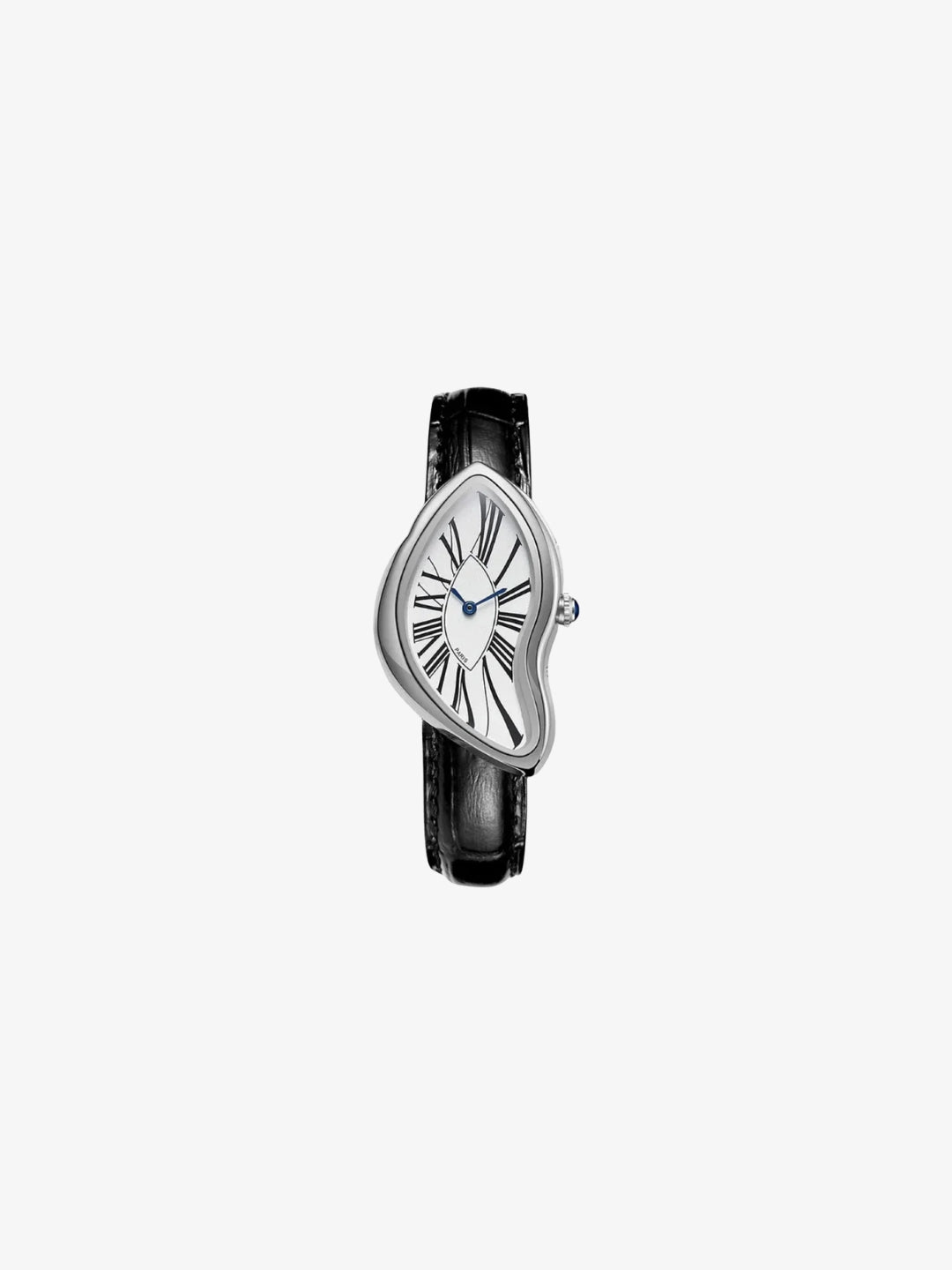 Montre Melting argentée à cadran déformé et bracelet noir vue avant