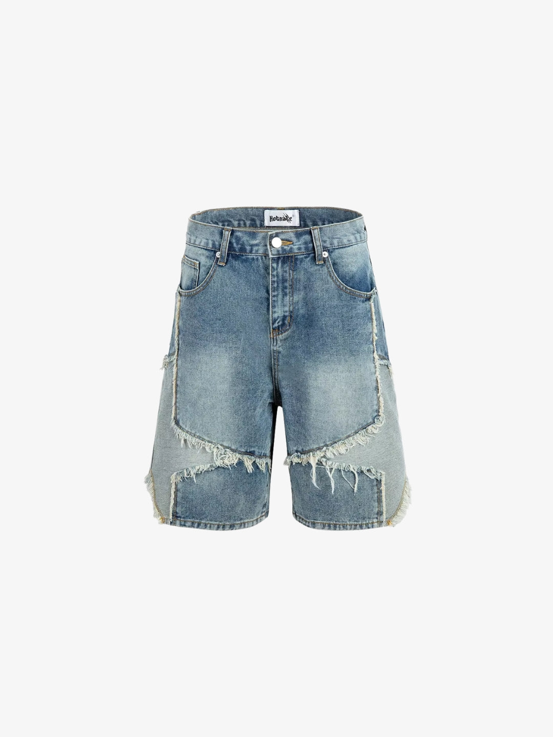 Jorts patchwork bleu clair vue de face sur fond blanc, panneaux bicolores et bords effilochés