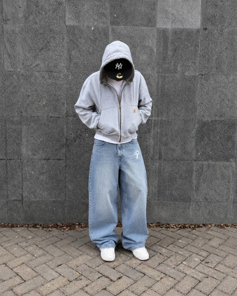 Blue Protect baggy jeans worn front streetwear view