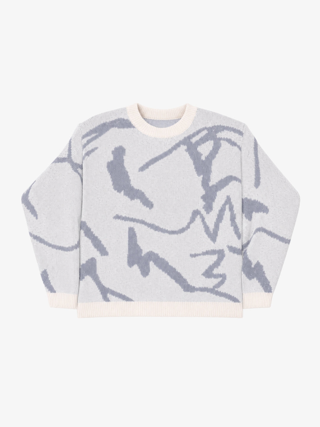 Abstrakter Y2K Strickpullover weiß und blaugrau Vorderansicht