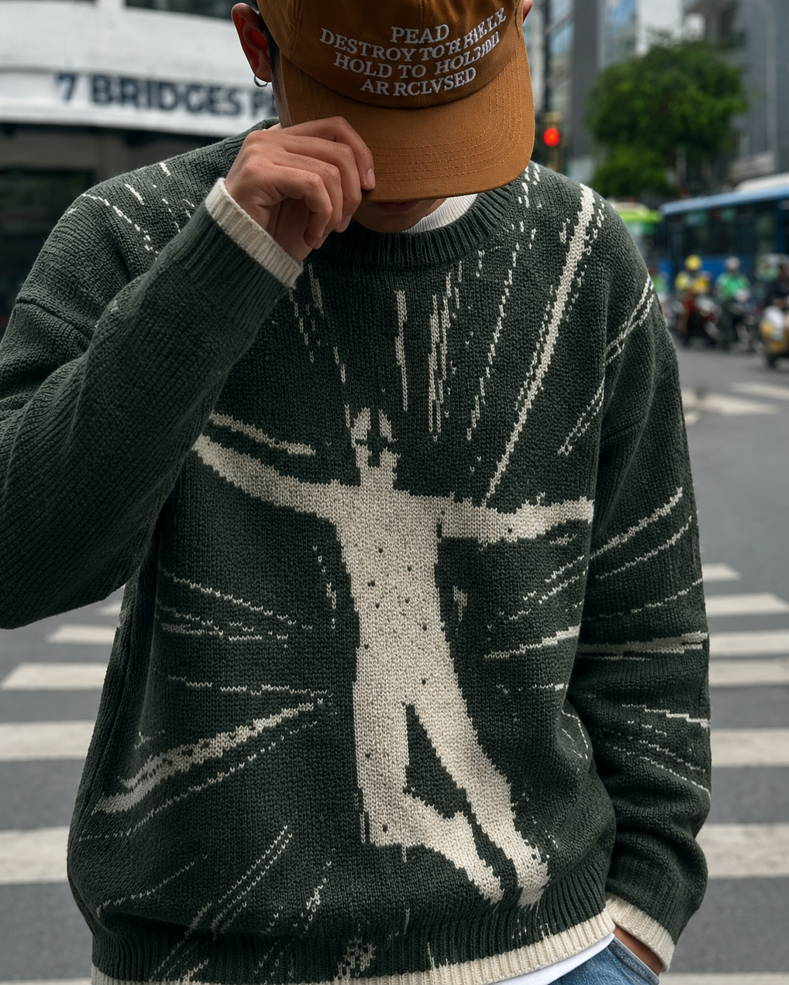 Détail jacquard pixel figure - motif radial crème
