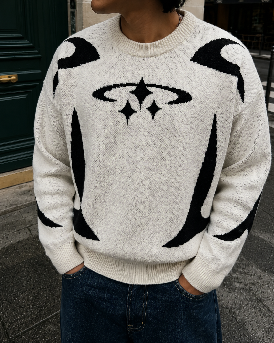 White Y2K sweater star motif chest detail