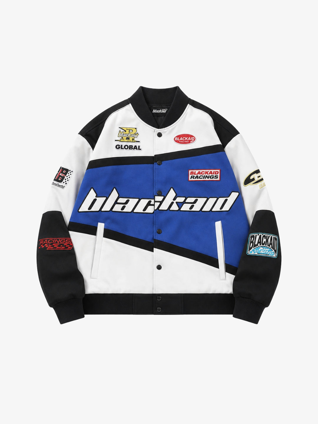 Blue white black racing jacket front view