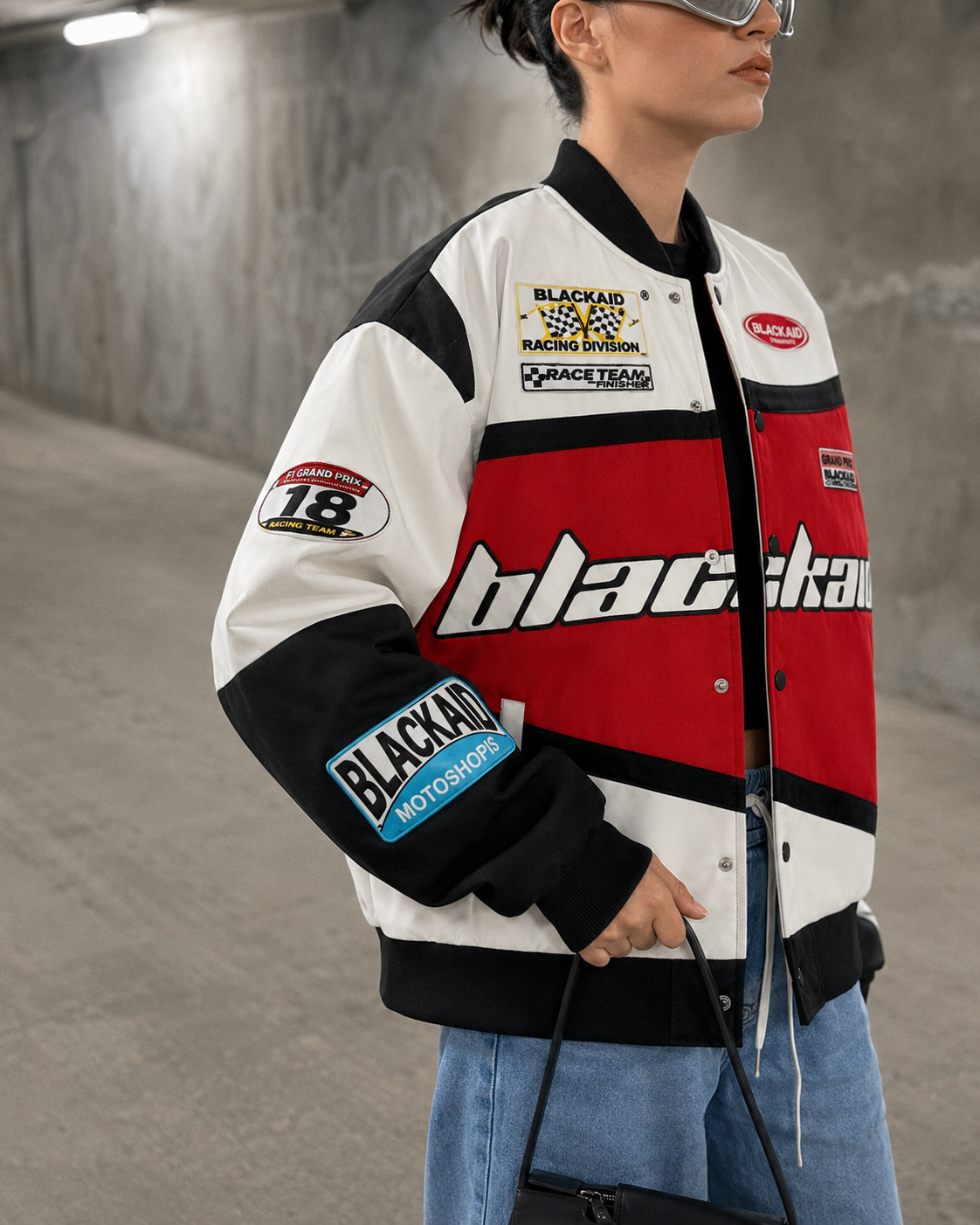 Red racing jacket patch and sleeve detail
