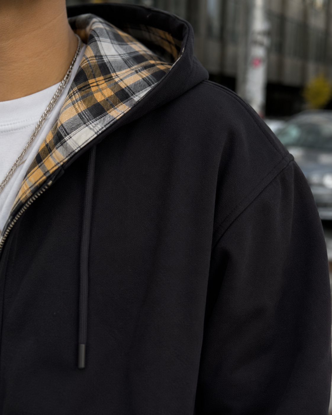 Sweat plaid réversible noir détail capuche plaid jaune