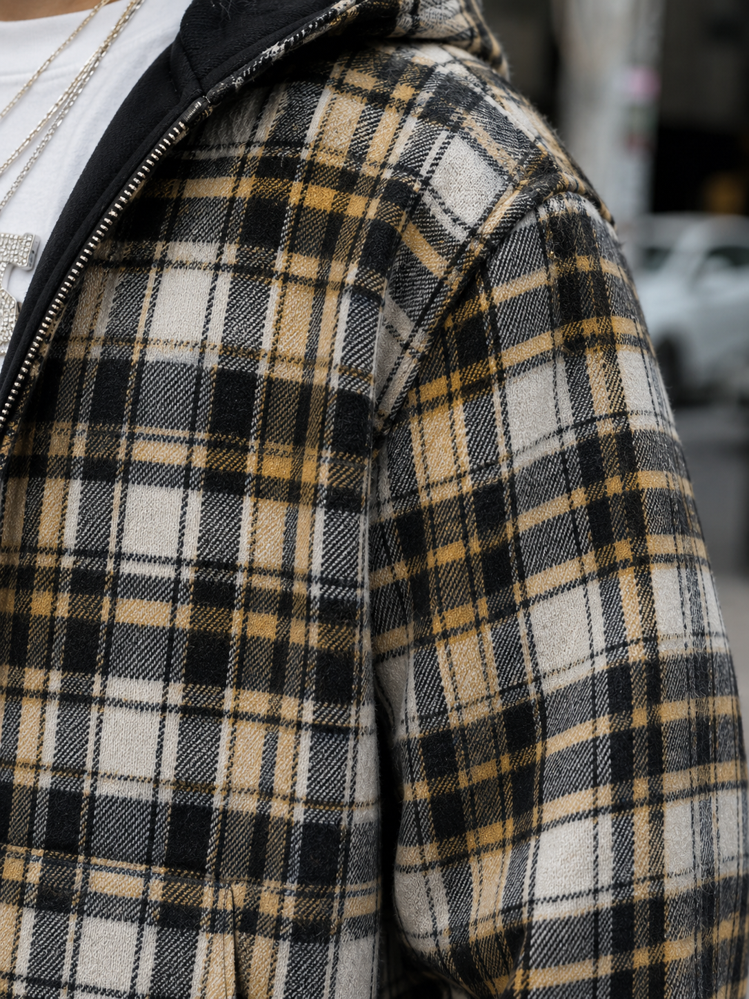 Sweat plaid réversible jaune détail texture à carreaux