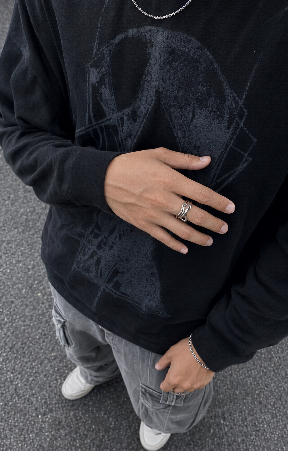 Silver Sculptural Ring worn streetwear Y2K outfit